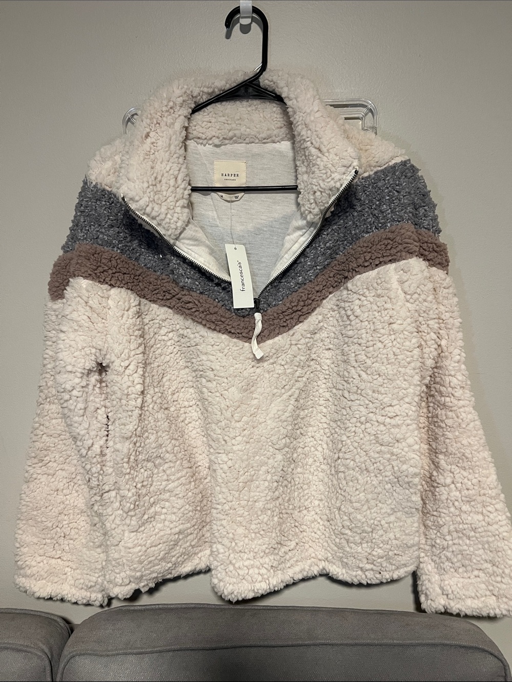 Harper Cream Sherpa Half-Zip with Gray and Brown Chevron